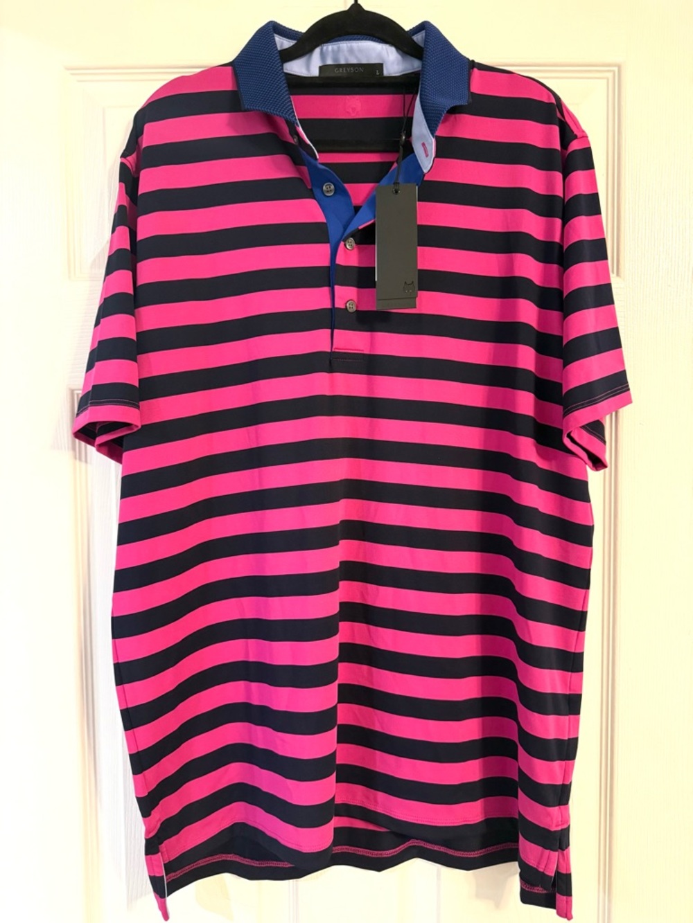 Men's Greyson Striped Polo Shirt in Pink and Black - Large
